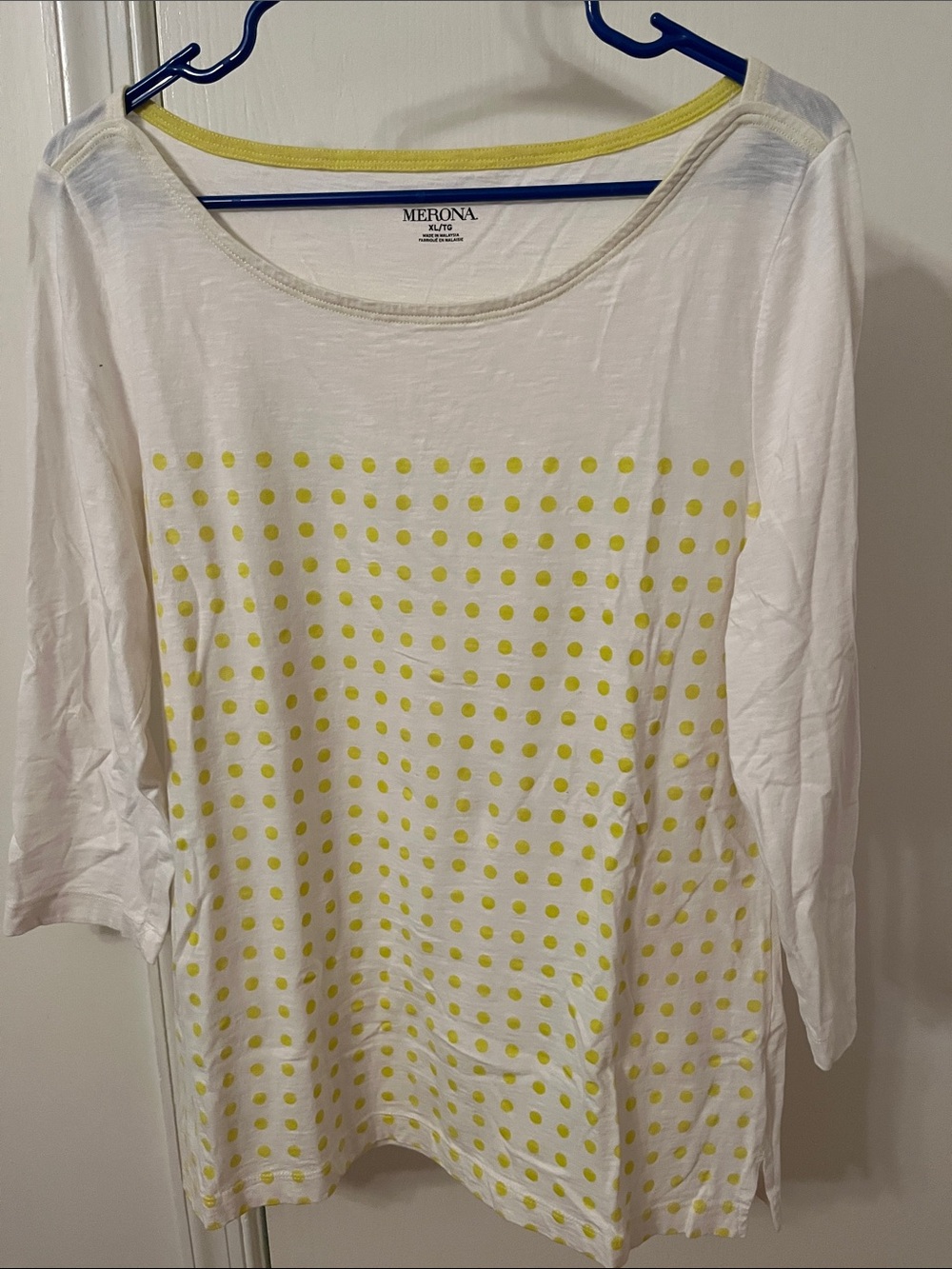 Merona White Long Sleeve Scoop Neck Top with Yellow Polka Dots
